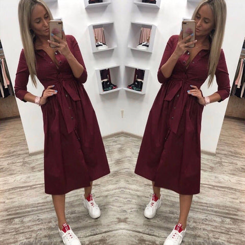 Women Autumn Casual Sashes Button A-Line Dress Office Lady Seven Sleeve Elegant Party Dress 2019 Vintage Women Mid Length Dress