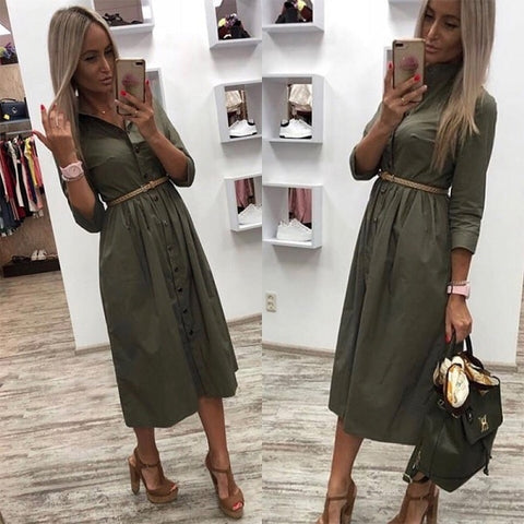 Women Autumn Casual Sashes Button A-Line Dress Office Lady Seven Sleeve Elegant Party Dress 2019 Vintage Women Mid Length Dress
