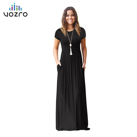 VOZRO Suit-dress Longuette Short Sleeve Solid Color Pocket Round Neck Will Pendulum Sexy Winter Maxi Dress Women Vestido Dresses